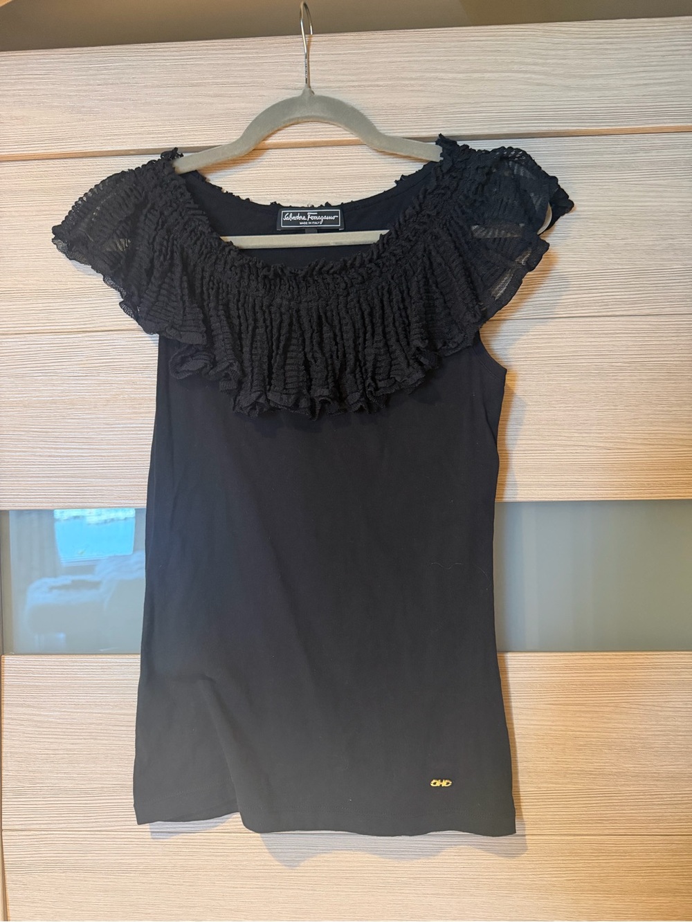 Salvatore Ferragamo Black Ruffled Neck Sleeveless Tank Top